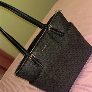 Michael Kors Black Structured Tote with Monogram Texture